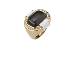 Anello aperto ottone finitura oro con quarzo nero, smalto bianco e zirconi Sovrani