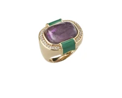 Anello ottone finitura dorata con quarzo viola e smalto verde Sovrani