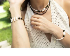Bracciale argento dorato con chips di perle e agata nera Selezione zanolli