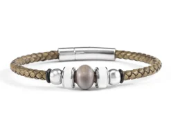 Bracciale flare vetro di murano smalto bianco e pelle verde Murrina murano venezia