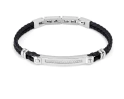 Bracciale manvision acciaio e pelle nera con cubic zirconia bianchi Nomination
