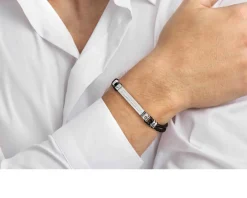 Bracciale manvision acciaio e pelle nera con cubic zirconia bianchi Nomination