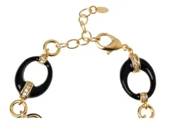 Bracciale ottone finitura dorata con agata bianca e nera smalto nero e zirconi Sovrani