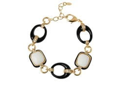 Bracciale ottone finitura dorata con agata bianca e nera smalto nero e zirconi Sovrani
