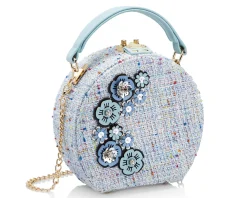 Clutch in tessuto azzurro con cristalli e perline Ottaviani