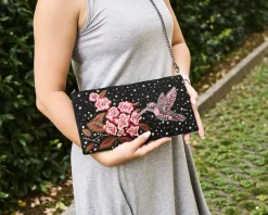 Clutch in tessuto colibrì con cristalli e perline Ottaviani