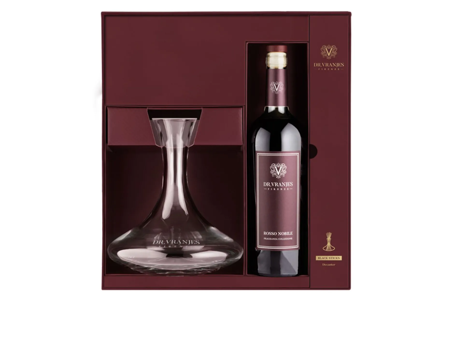 Cofanetto regalo rosso nobile decanter e bottiglia bordolese Dr. vranjes