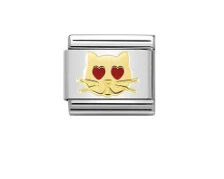 Gatto con occhi a cuore composable acciaio oro e smalto Nomination