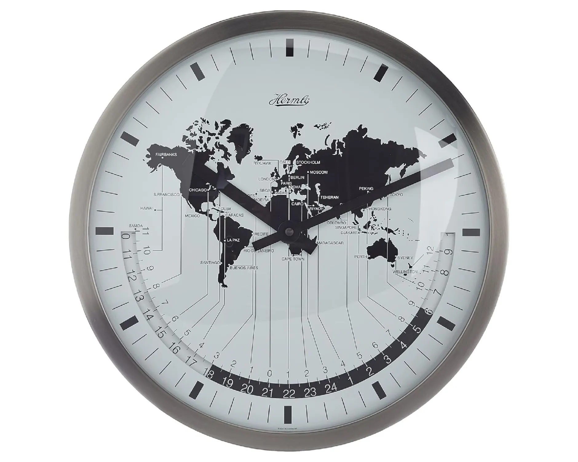 Orologio da parete acciaio quadrante bianco e planisfero nero Hermle