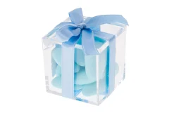 Scatolina in plexiglass con confetti azzurri e nastro azzurro Selezione zanolli
