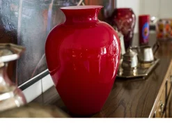 Vaso labuan vetro di murano colore rosso e lattimo Venini
