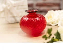 Vaso monofiore balloton vetro di murano rosso con filo verde mela Venini